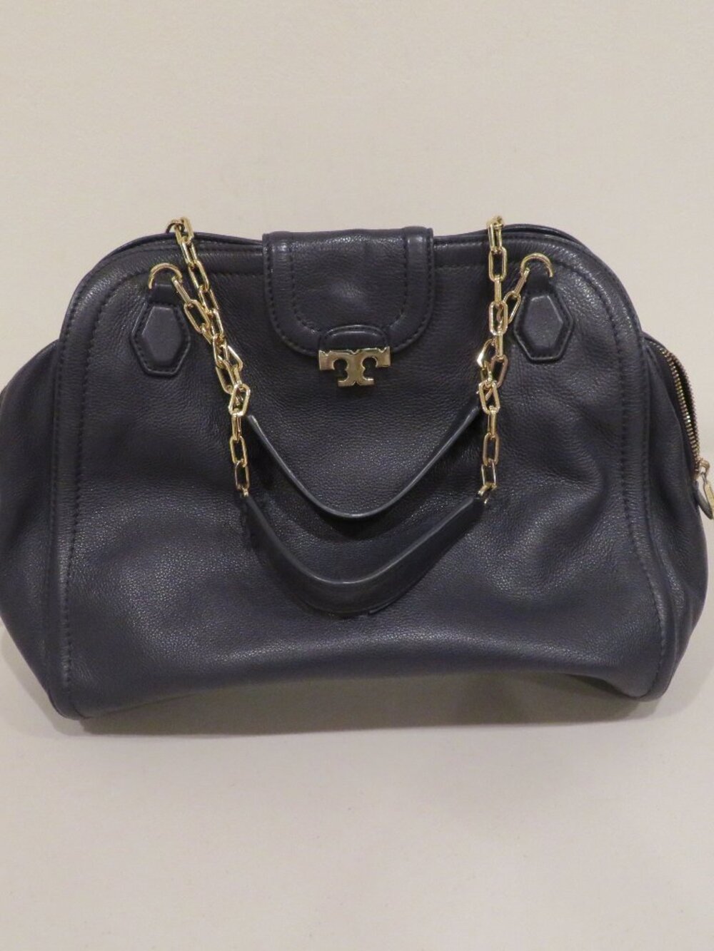 Tory Burch Navy Leather Chain Strap Tote Bag Large
